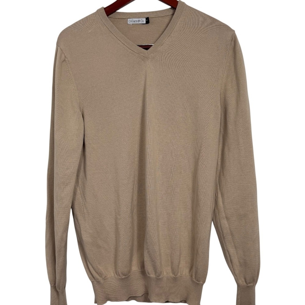 Collars & Co Mens V-Neck Sweater Tan Beige 100% Egyptian Giza Cotton Large L
